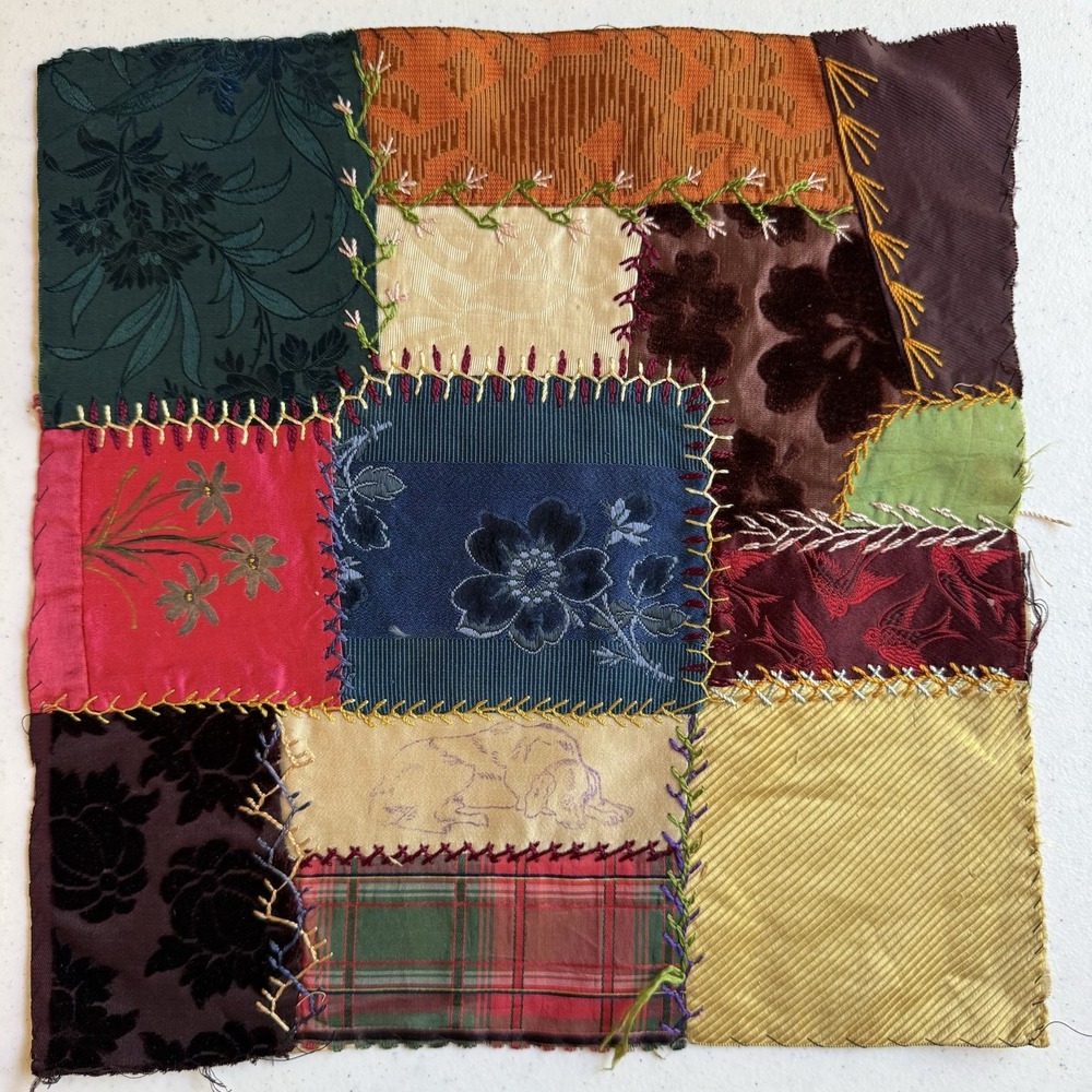 Antique Victorian Crazy Quilt Block Silk Velvet Embroidered Floral Dog 12x12